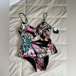 Decree Tropical Leaf Print Kids Swimsuit - Pink, Black, Green